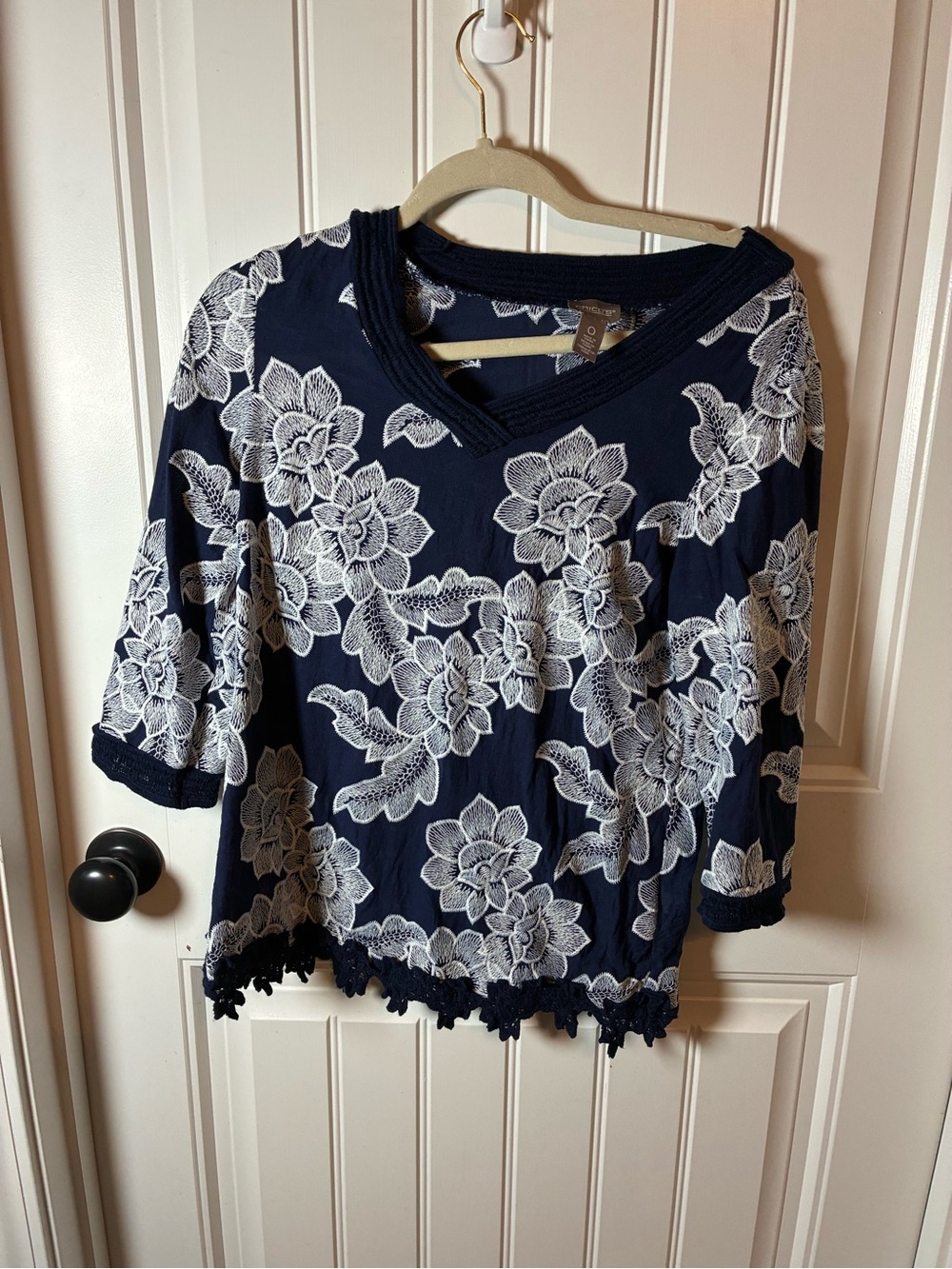 Chico's Navy Top with White Floral Lace Print